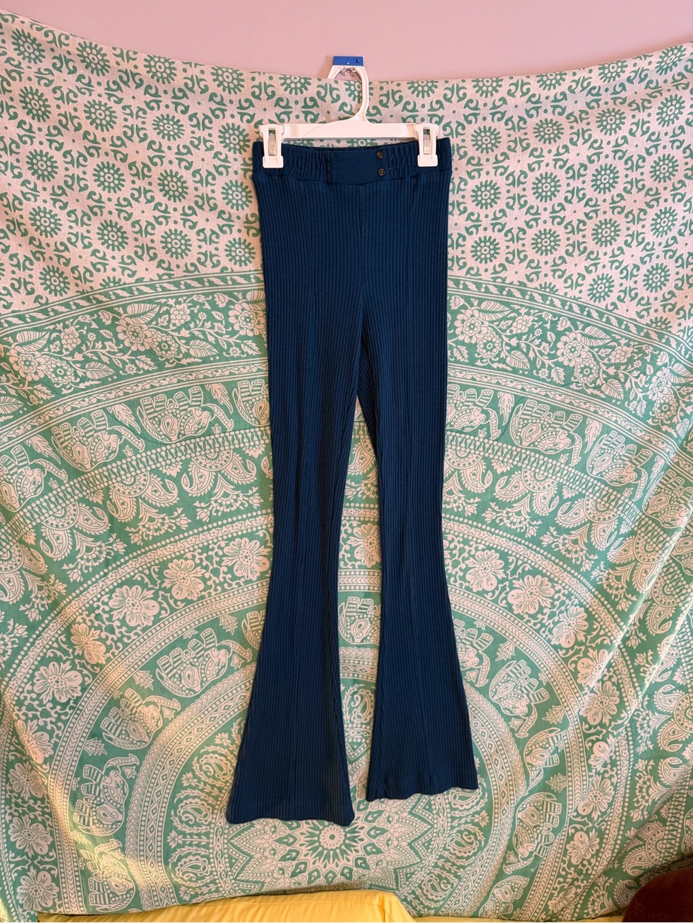 Urban Outfitters Navy Ribbed High-Waist Flare Pants